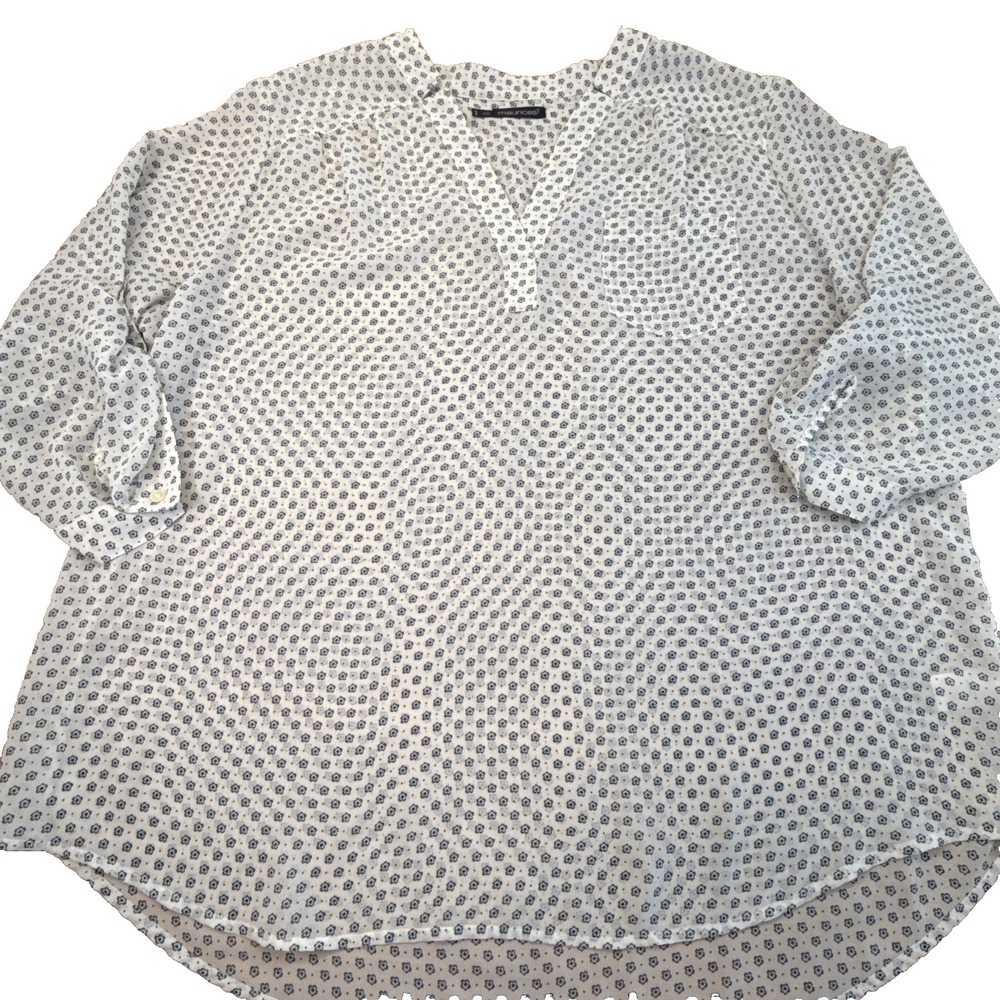25s- Womens Maurice's 3X 3/4‎ Sleeve see-through Dress Blouse Blue White Floral